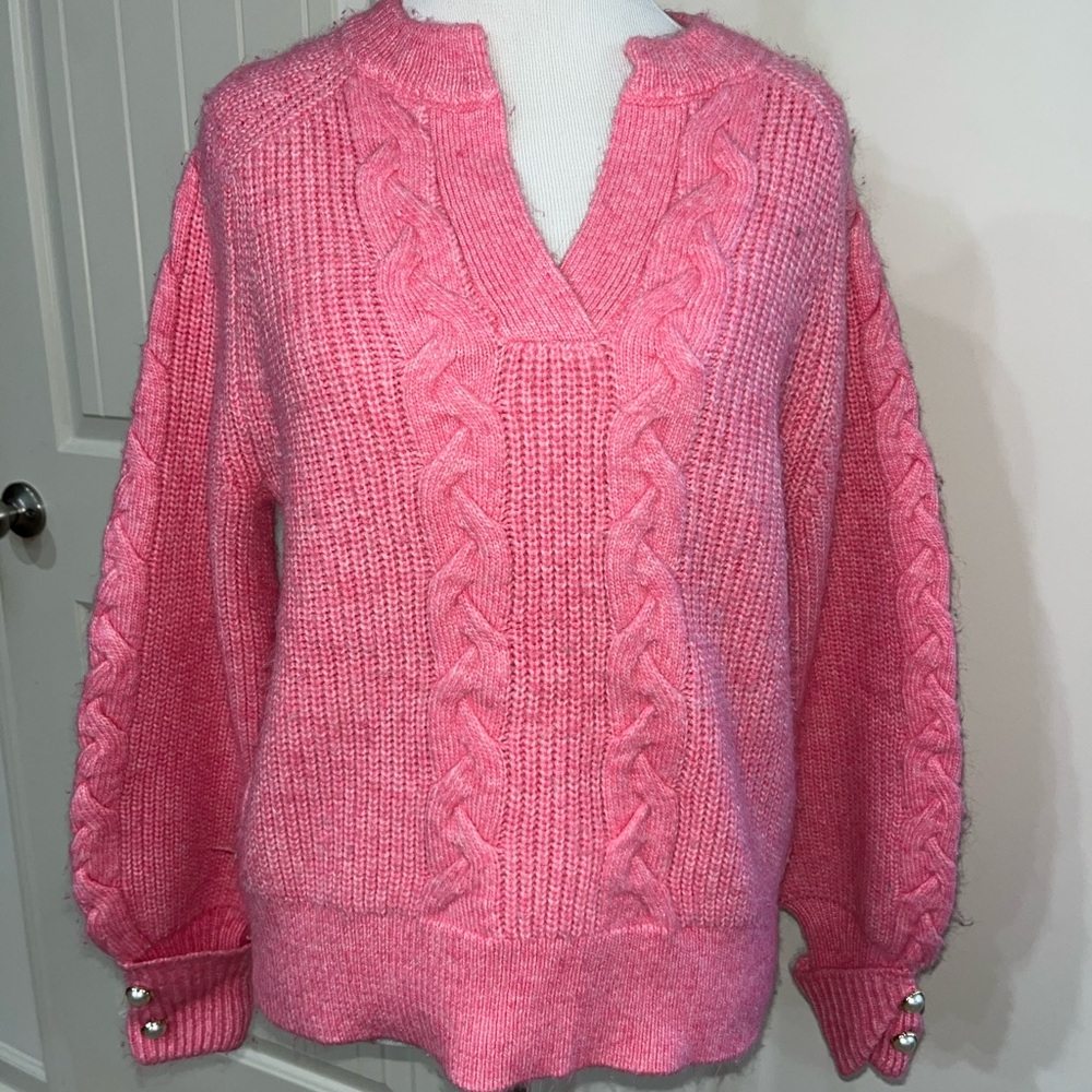 Design History Pink V-Neck Cable Knit Sweater